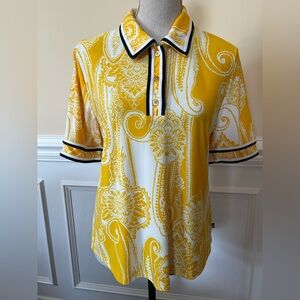 Nautica Knit Navy, Yellow & White Paisley & Floral Short Sleeves Polo Shirt.